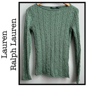 Lauren Boat Neck Green Cable Knit Lightweight Sweater Size S